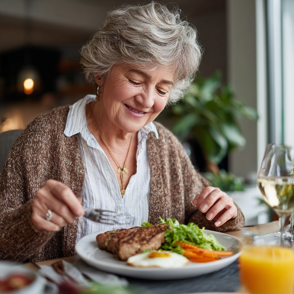 Mature adult enjoying nutritious meal while reviewing meal planning app