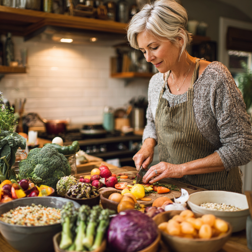 Middle-aged woman preparing healthy colorful meal with fresh vegetables and grains